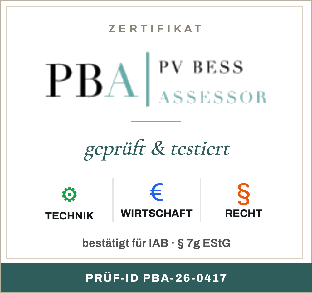 PBA-Prüfsiegel: geprüft & testiert — Technik, Wirtschaft, Recht — bestätigt für IAB · § 7g EStG