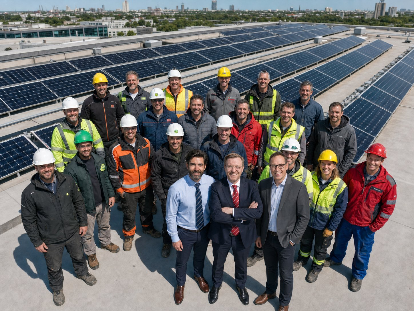 PV-BESS-Assessor team inspecting a PV system on a commercial rooftop with solar panels — expert assessors and installation team on site